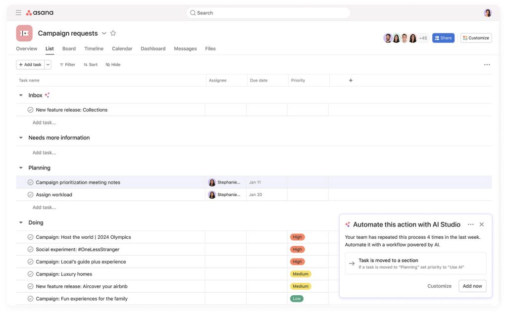 asana ai proactive rule suggestion