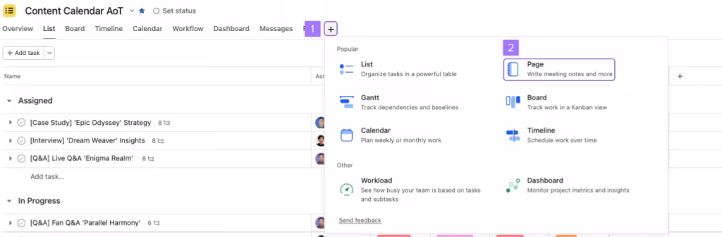 Asana Pages feature