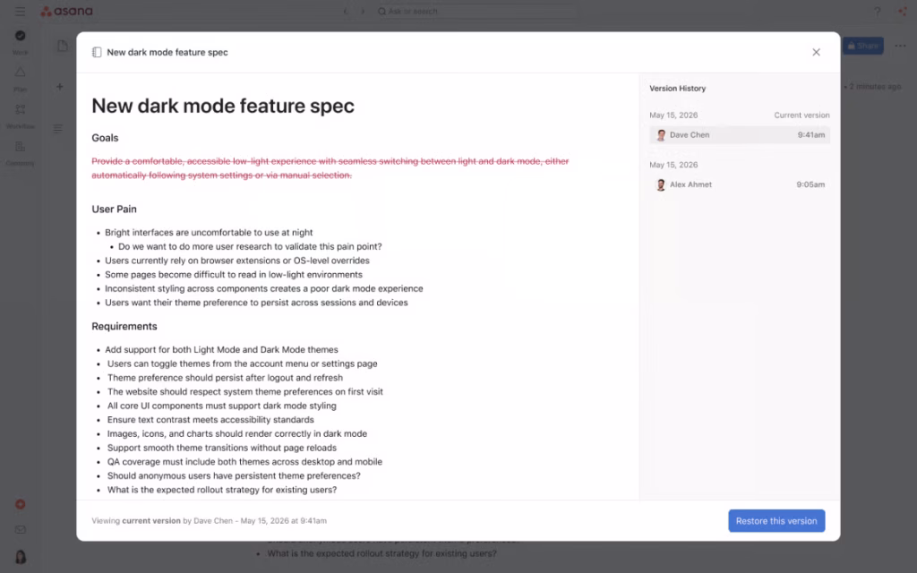 Asana Pages feature Version history