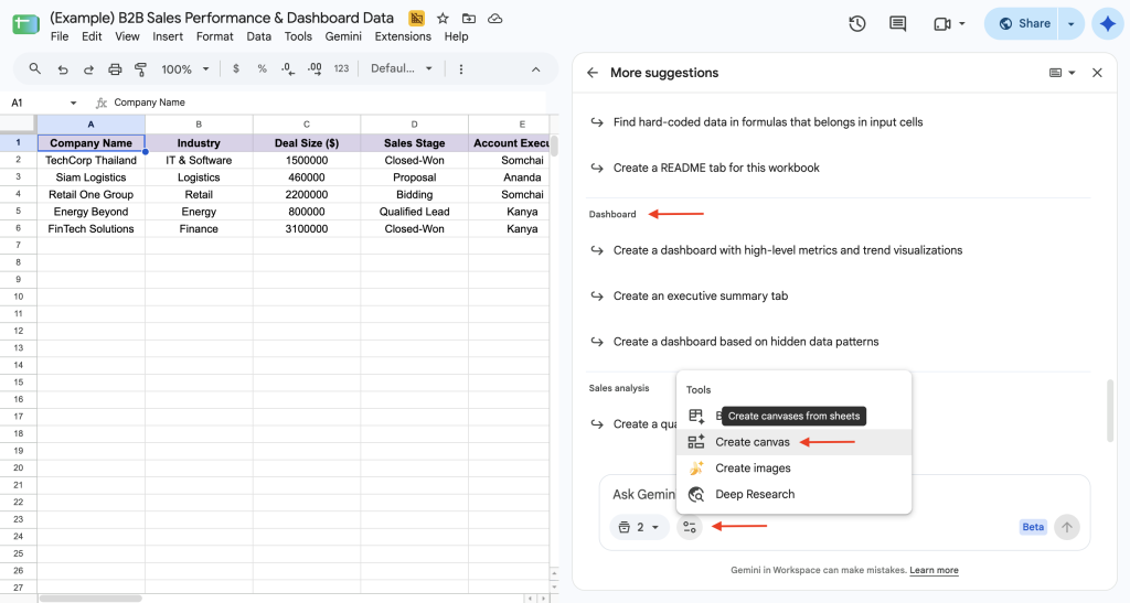 Gemini in Side panel in Sheets - create dashboard